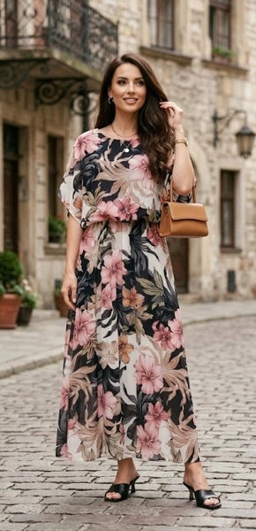 Kukkakuosinen maksimekko, musta tai keltainen