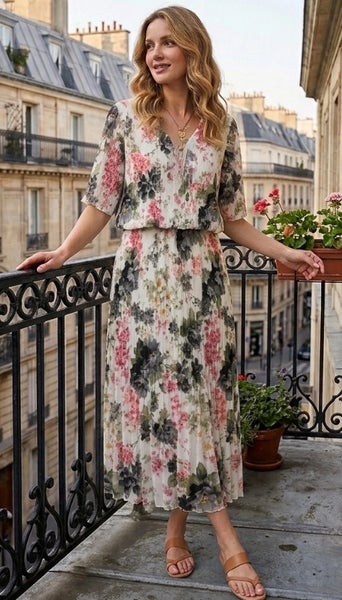 Kukkakuosinen pliseerattu maksimekko 36-44