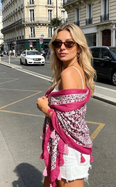 Kuviollinen kevyt huivi tupsuilla &ndash; pinkki, vihre&auml; & oranssi