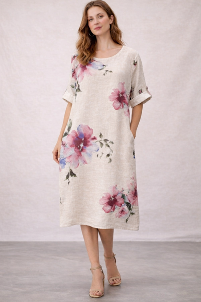 Kukallinen pellavamekko taskuilla One size &ndash; beige / khaki