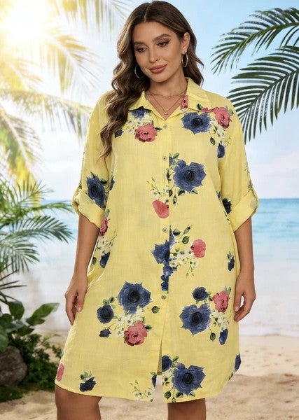 Kukkakuvioinen pellavapaitamekko, fuksia tai keltainen- one size