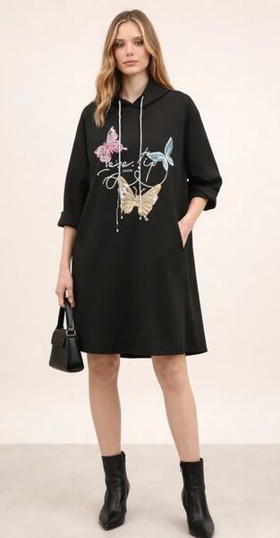 Perhoskuvioitu hupparimekko- musta tai minttu, One Size