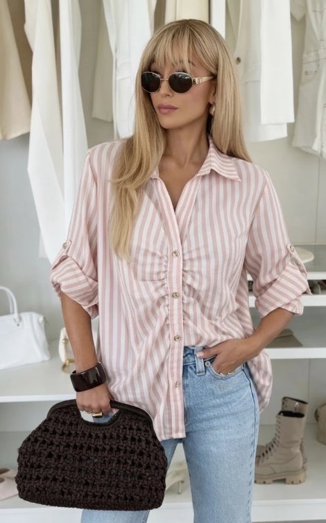 Rento raidallinen paita &ndash; beige, pinkki, vaaleanpunainen & keltainen