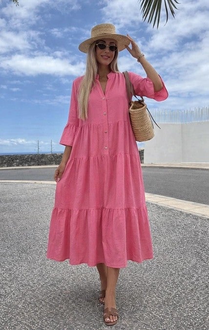 Maksi r&ouml;yhel&ouml;mekko napituksella- musta tai pinkki, one size