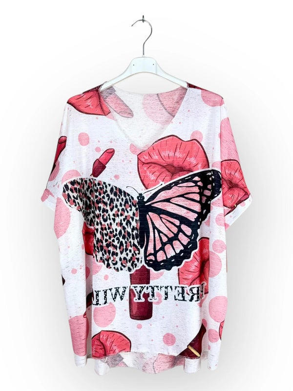 Naisten Printtipaita &ndash; Perhonen & Huulipunat, Plus Size tilaa